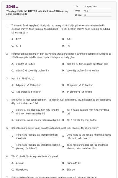 Tổng hợp đề thi thử THPTQG môn Vật lí năm 2020 cực hay có lời giải (Đề số 8)
