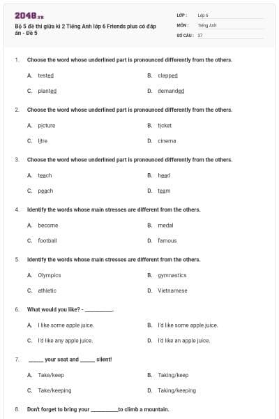 Bộ 5 đề thi giữa kì 2 Tiếng Anh lớp 6 Friends plus có đáp án - Đề 5