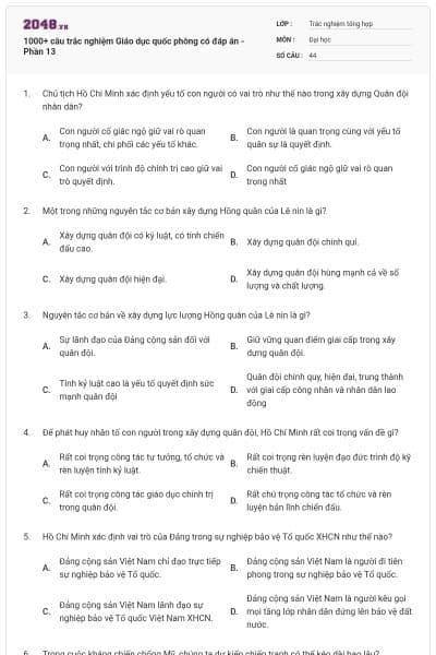 1000+ câu trắc nghiệm Giáo dục quốc phòng có đáp án - Phần 13