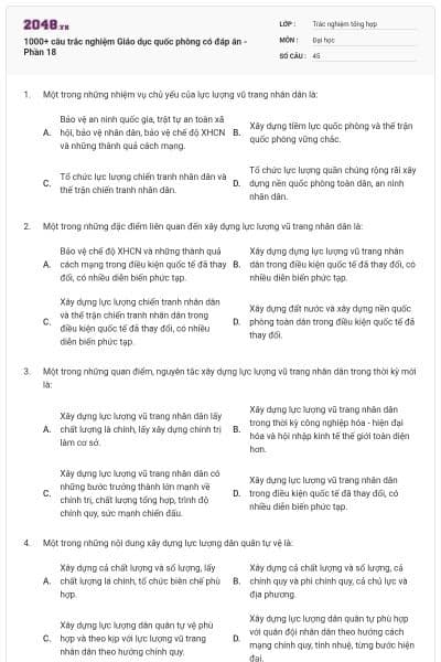 1000+ câu trắc nghiệm Giáo dục quốc phòng có đáp án - Phần 18