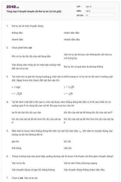Tổng hợp lí thuyết chuyên đề Rơi tự do (có lời giải)
