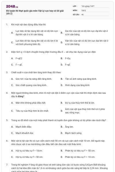 Đề luyện thi thpt quốc gia môn Vật Lý cực hay có lời giải (đề 2)