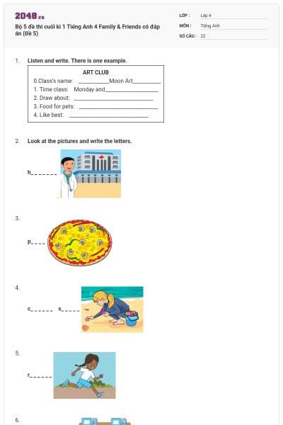 Bộ 5 đề thi cuối kì 1 Tiếng Anh 4 Family & Friends có đáp án (Đề 5)