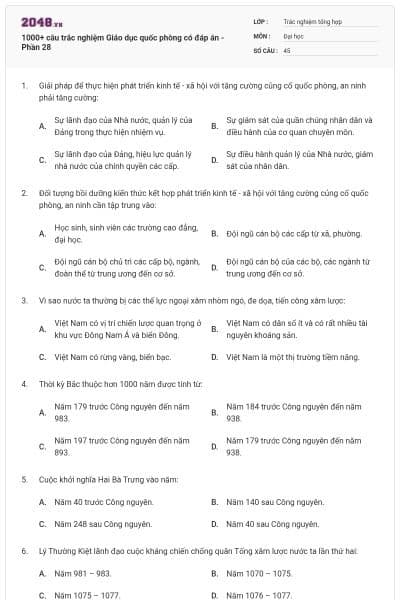1000+ câu trắc nghiệm Giáo dục quốc phòng có đáp án - Phần 28
