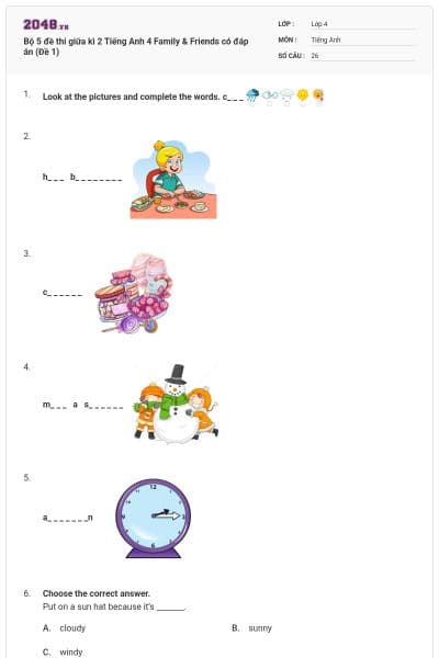 Bộ 5 đề thi giữa kì 2 Tiếng Anh 4 Family & Friends có đáp án (Đề 1)