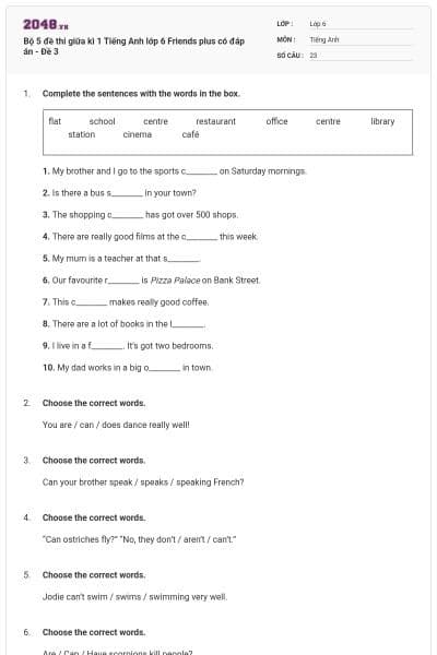 Bộ 5 đề thi giữa kì 1 Tiếng Anh lớp 6 Friends plus có đáp án - Đề 3