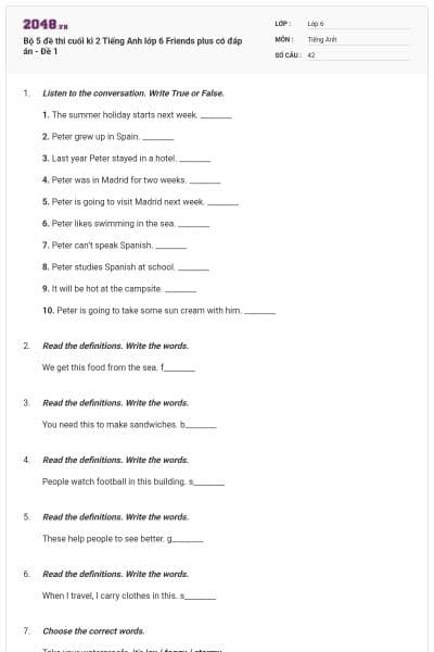 Bộ 5 đề thi cuối kì 2 Tiếng Anh lớp 6 Friends plus có đáp án - Đề 1
