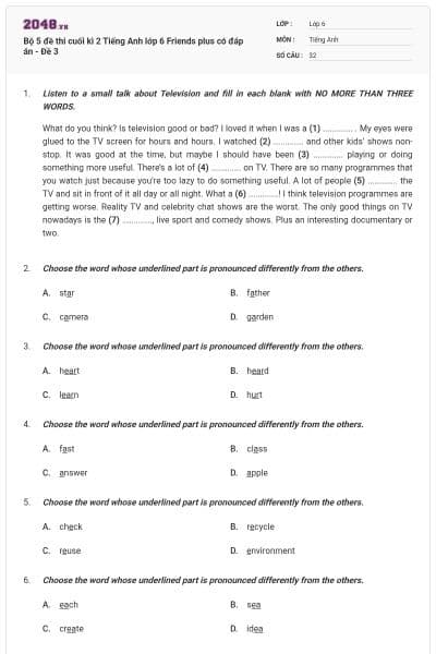 Bộ 5 đề thi cuối kì 2 Tiếng Anh lớp 6 Friends plus có đáp án - Đề 3