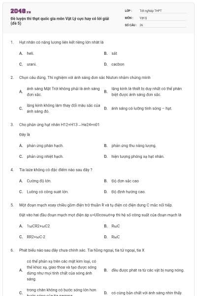 Đề luyện thi thpt quốc gia môn Vật Lý cực hay có lời giải (đề 5)