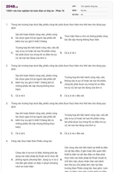 1000+ câu trắc nghiệm An toàn điện có đáp án - Phần 76