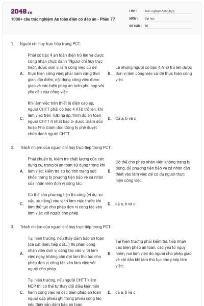 1000+ câu trắc nghiệm An toàn điện có đáp án - Phần 77