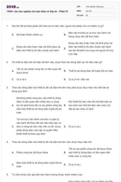 1000+ câu trắc nghiệm An toàn điện có đáp án - Phần 81