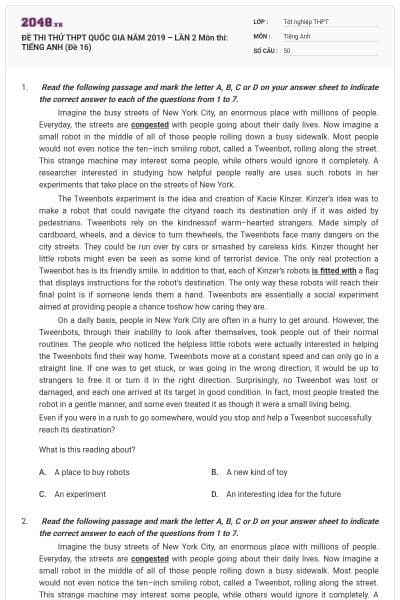 ĐỀ THI THỬ THPT QUỐC GIA NĂM 2019 – LẦN 2 Môn thi: TIẾNG ANH (Đề 16)