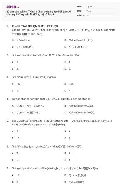 22 câu trắc nghiệm Toán 11 Chân trời sáng tạo Bài tập cuối chương 3 (Đúng sai - Trả lời ngắn) có đáp án