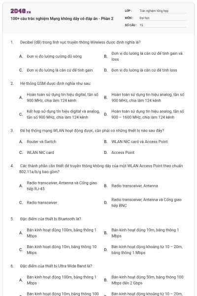 100+ câu trắc nghiệm Mạng không dây có đáp án - Phần 2