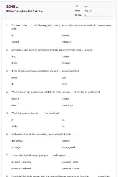 Bài tập Trắc nghiệm Unit 1 Writing