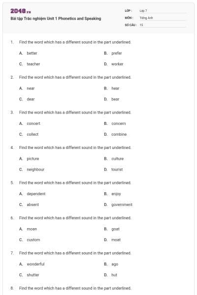 Bài tập Trắc nghiệm Unit 1 Phonetics and Speaking