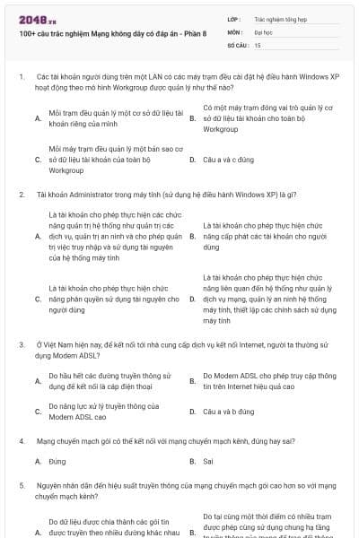 100+ câu trắc nghiệm Mạng không dây có đáp án - Phần 8