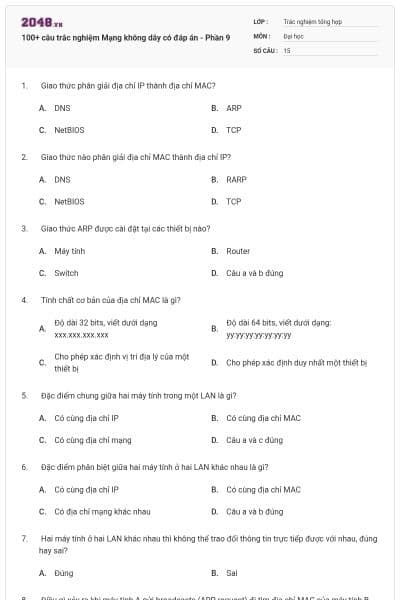 100+ câu trắc nghiệm Mạng không dây có đáp án - Phần 9
