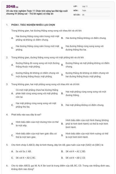 20 câu trắc nghiệm Toán 11 Chân trời sáng tạo Bài tập cuối chương IV (Đúng sai - Trả lời ngắn) có đáp án
