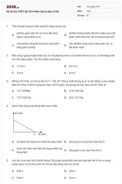 Đề thi thử THPT QG 2019 Môn Vật Lý (Đề số 03)