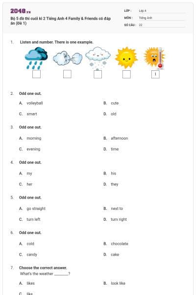 Bộ 5 đề thi cuối kì 2 Tiếng Anh 4 Family & Friends có đáp án (Đề 1)