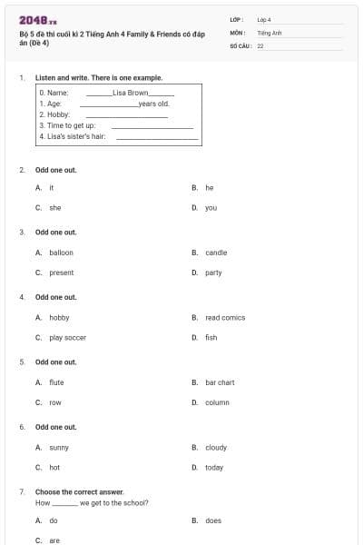 Bộ 5 đề thi cuối kì 2 Tiếng Anh 4 Family & Friends có đáp án (Đề 4)