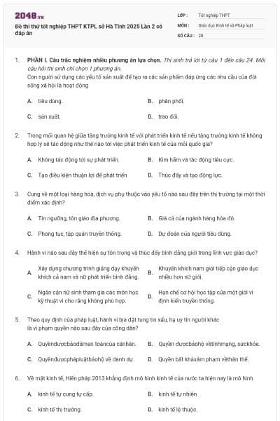 Đề thi thử tốt nghiệp THPT KTPL sở Hà Tĩnh 2025 Lần 2 có đáp án