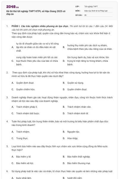 Đề thi thử tốt nghiệp THPT KTPL sở Hậu Giang 2025 có đáp án