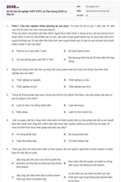 Đề thi thử tốt nghiệp THPT KTPL sở Tiền Giang 2025 có đáp án