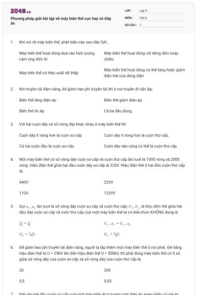Phương pháp giải bài tập về máy biến thế cực hay có đáp án