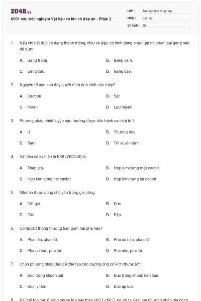600+ câu trắc nghiệm Vật liệu cơ khí có đáp án - Phần 2