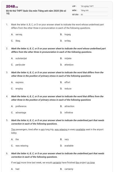 Đề thi thử THPT Quốc Gia môn Tiếng anh năm 2020 (Đề số 18)