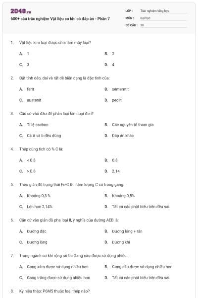600+ câu trắc nghiệm Vật liệu cơ khí có đáp án - Phần 7