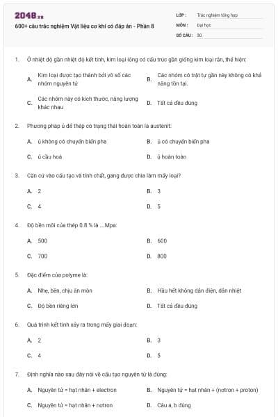 600+ câu trắc nghiệm Vật liệu cơ khí có đáp án - Phần 8
