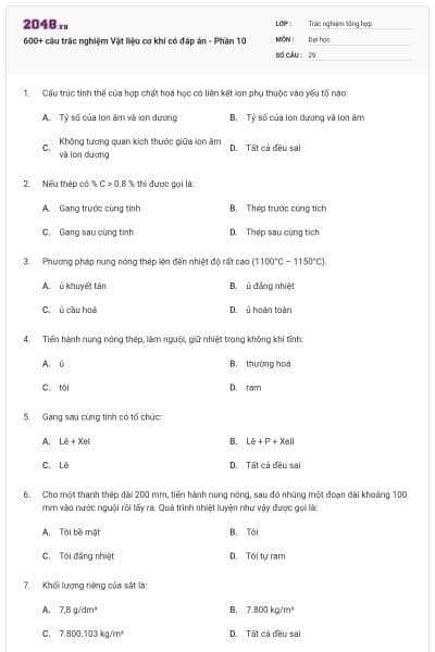600+ câu trắc nghiệm Vật liệu cơ khí có đáp án - Phần 10