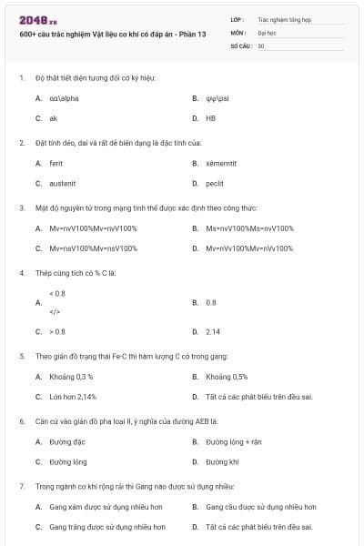 600+ câu trắc nghiệm Vật liệu cơ khí có đáp án - Phần 13