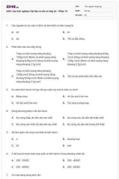 600+ câu trắc nghiệm Vật liệu cơ khí có đáp án - Phần 14