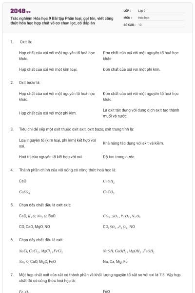 Trắc nghiệm Hóa học 9 Bài tập Phân loại, gọi tên, viết công thức hóa học hợp chất vô cơ chọn lọc, có đáp án