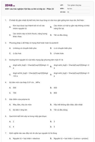 600+ câu trắc nghiệm Vật liệu cơ khí có đáp án - Phần 22