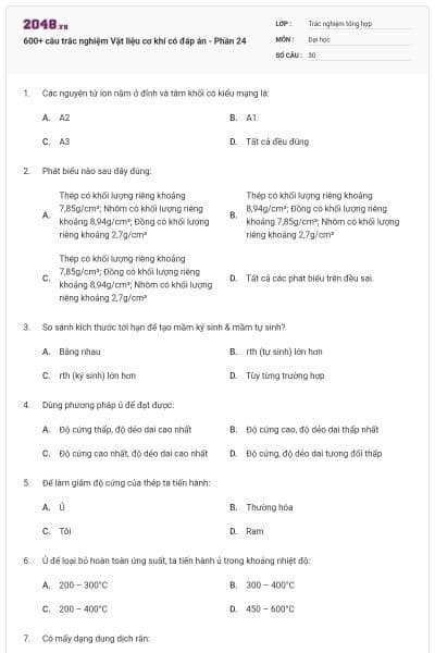 600+ câu trắc nghiệm Vật liệu cơ khí có đáp án - Phần 24