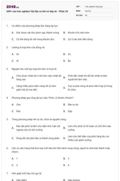 600+ câu trắc nghiệm Vật liệu cơ khí có đáp án - Phần 26