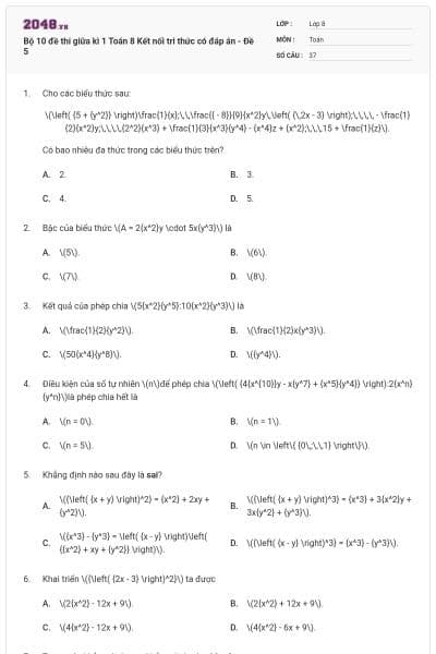 Bộ 10 đề thi giữa kì 1 Toán 8 Kết nối tri thức có đáp án - Đề 5