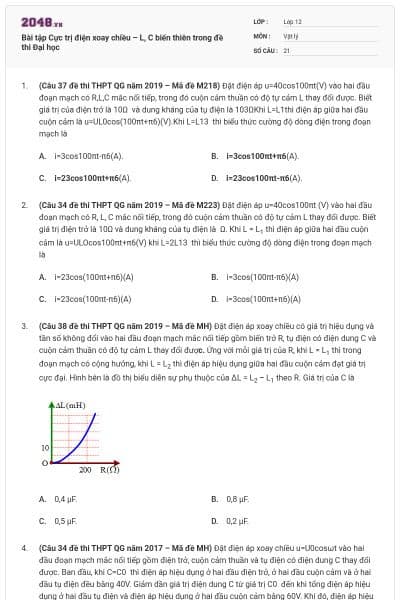 Bài tập Cực trị điện xoay chiều – L, C biến thiên trong đề thi Đại học