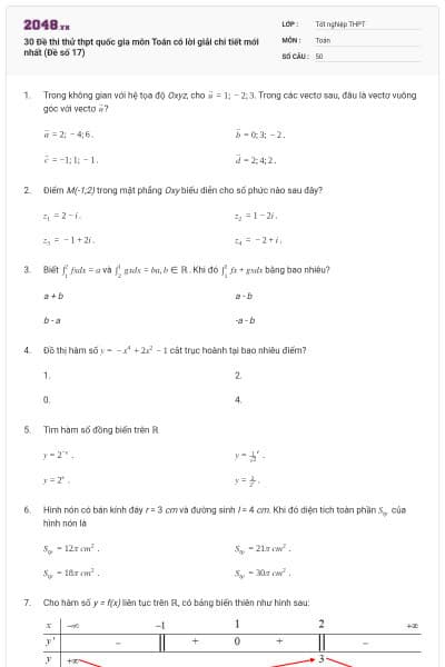 30 Đề thi thử thpt quốc gia môn Toán có lời giải chi tiết mới nhất (Đề số 17)