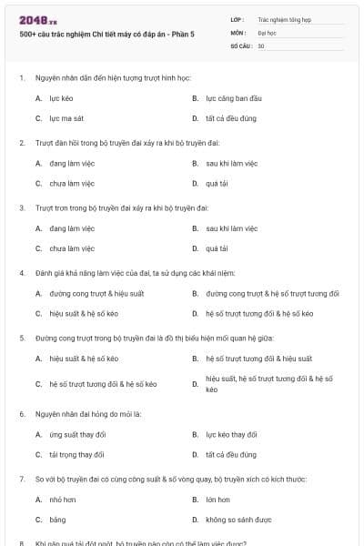 500+ câu trắc nghiệm Chi tiết máy có đáp án - Phần 5