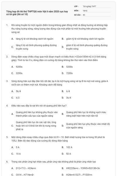 Tổng hợp đề thi thử THPTQG môn Vật lí năm 2020 cực hay có lời giải (Đề số 10)