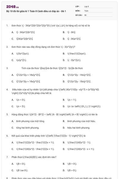 Bộ 10 đề thi giữa kì 1 Toán 8 Cánh diều có đáp án - Đề 1