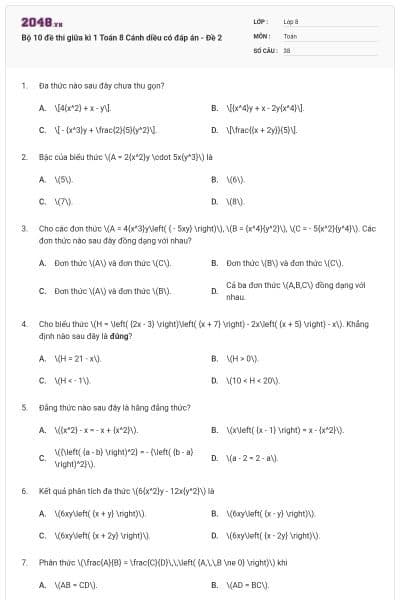 Bộ 10 đề thi giữa kì 1 Toán 8 Cánh diều có đáp án - Đề 2