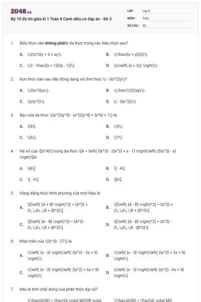 Bộ 10 đề thi giữa kì 1 Toán 8 Cánh diều có đáp án - Đề 3